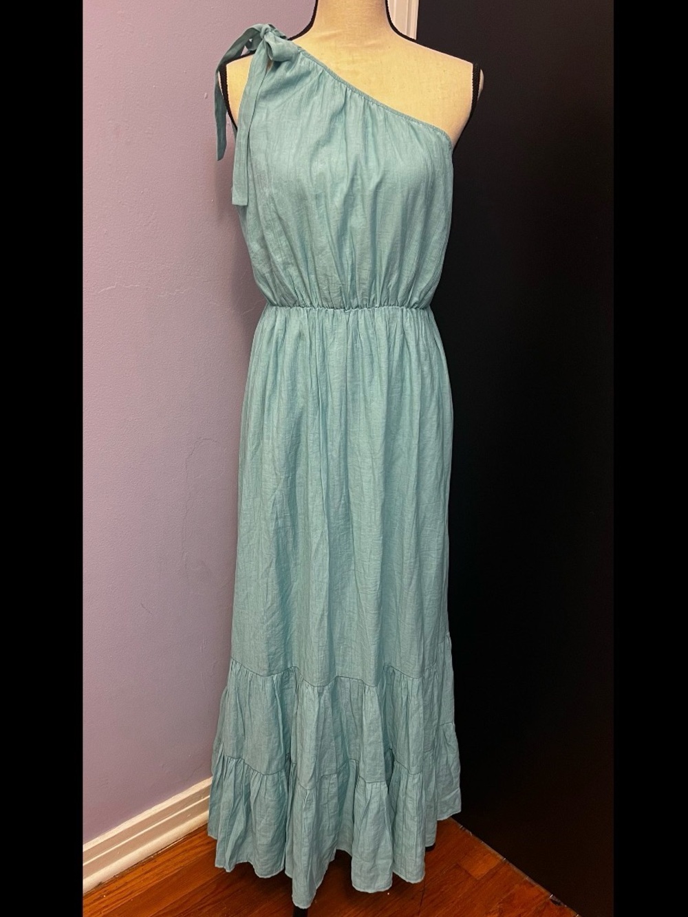 The Sarah One-Shoulder Aqua Maxi Dress with Tie Shoulder